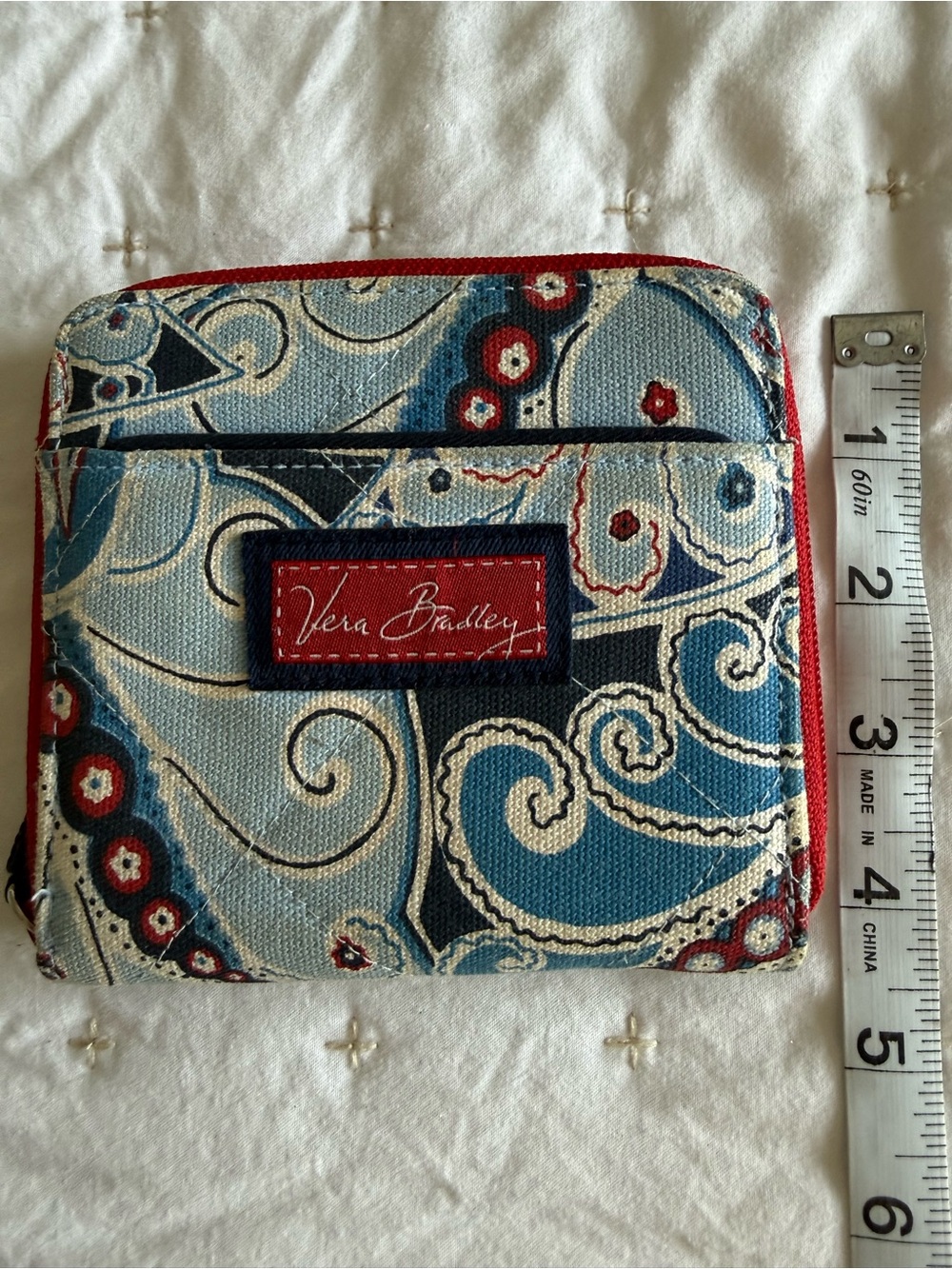 Vera Bradley Blue Cream Paisley Zip Card Wallet with Red Trim